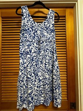 Blue Ginger Hawaii Blue & White Tropical Sleeveless Dress Medium